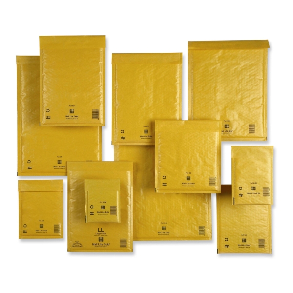 Mail Lite Bubble Lined Gold Postal Bags E2 220X260mm Box of 100