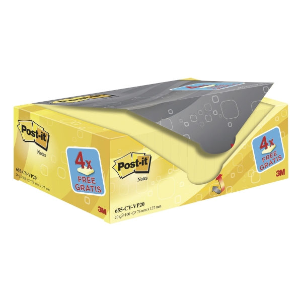Pack 16+4 Blocos 100 notas adesivas Post-it cor amarelo Dimensões76x127mm